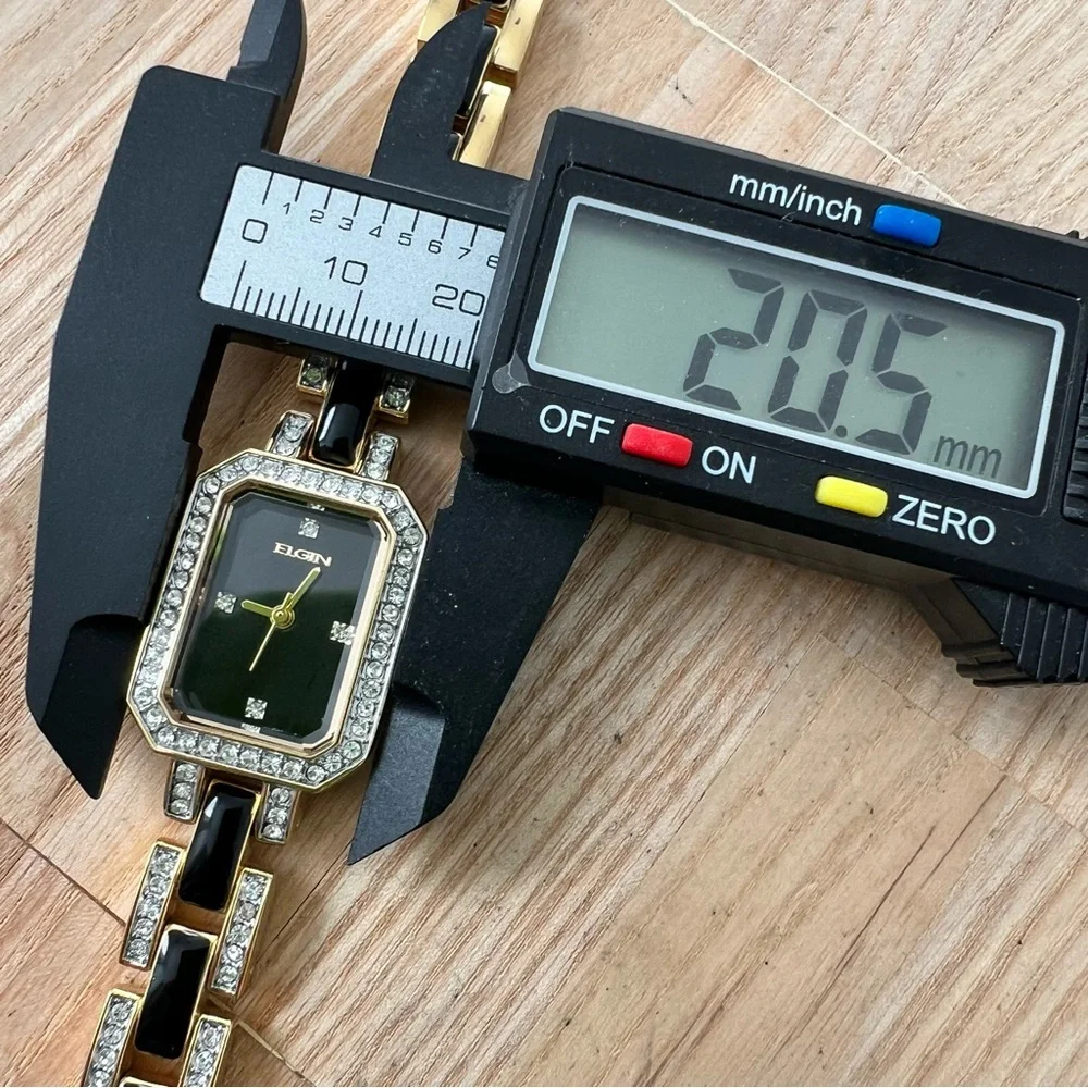 Elgin ladies octagonal black dial gold tone dress watch NEW BATTERY